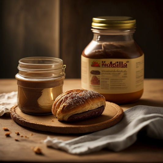 A warm, golden-lit image of a half-empty jar of homemade Nutella, with a crumbly, freshly baked croissant torn in half, oozing with the rich, chocolatey spread.