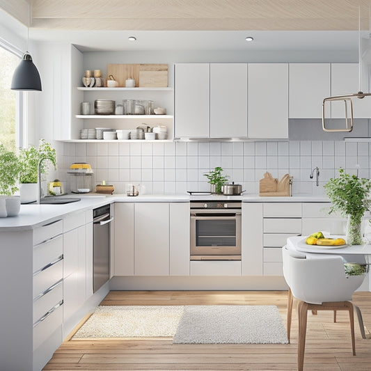 A bright, modern kitchen with sleek, white cabinets, a compact island, and a wall-mounted pot rack, showcasing a small yet functional space with clever storage solutions.