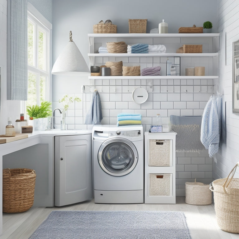 A bright, modern laundry room with sleek white cabinets, a stainless steel washer and dryer, and a built-in folding table, surrounded by woven baskets and a pegboard with hanging accessories.