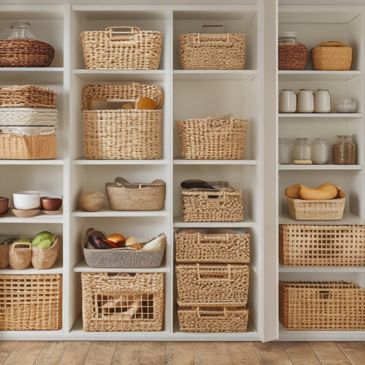 A tidy kitchen pantry with five woven baskets of varying sizes, each filled with a different type of food or kitchen item, on adjustable shelves against a white background.