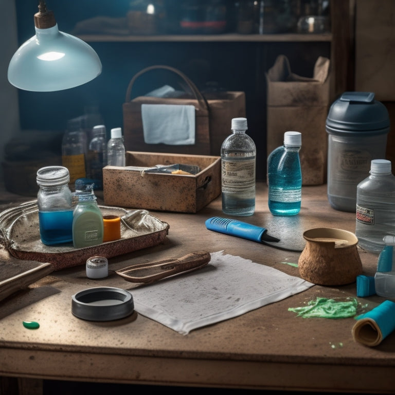 A messy workshop table with scattered resin droplets, crumpled paper towels, and a half-used bottle of cleaning solvent, contrasted with a clean and organized corner featuring a tidy toolbox and a sparkling resin pour cup.