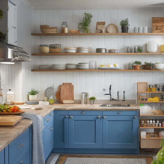 A brightly lit, modern kitchen with sleek countertops and cabinets, featuring a mix of clever organizers: tiered spice racks, a utensil carousel, and a pegboard with hanging baskets.