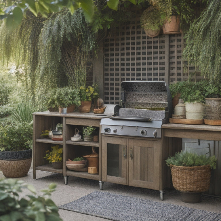 A serene outdoor kitchen setting with a sleek, weathered-wood cabinet, a built-in grill, and a few strategically placed woven baskets, surrounded by lush greenery and a few potted plants.