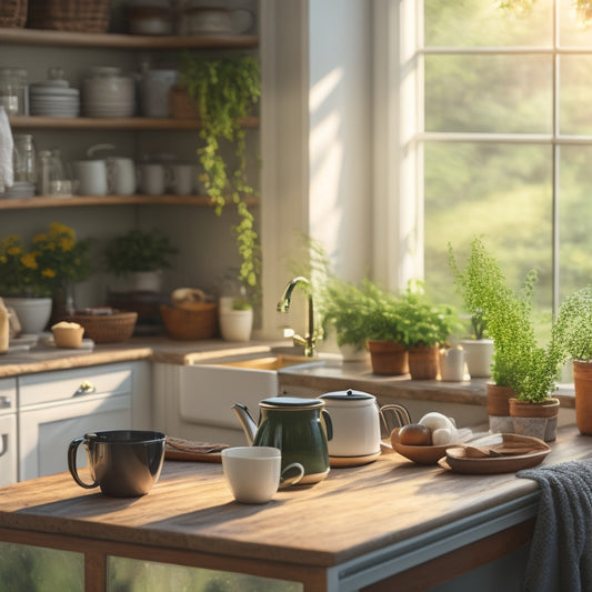 A serene kitchen scene featuring a tidy island with a few carefully arranged cookbooks, a small potted herb plant, and a single, steaming cup of coffee, surrounded by warm, natural light.