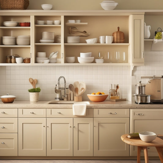 A tidy kitchen with cream-colored cabinets, a single pull-out cabinet organizer with wooden handle in the center, surrounded by gleaming kitchen utensils and cookware, against a soft, warm beige background.