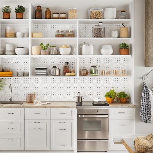 A bright, modern kitchen with sleek white cabinets, warm wood accents, and stainless steel appliances, featuring a pegboard with hanging utensils, a pull-out spice rack, and a tiered drawer organizer.