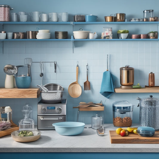 A cluttered kitchen countertop with various kitchen utensils and appliances scattered around, transformed into a tidy space with five different countertop organizers, each showcasing a unique storage solution.