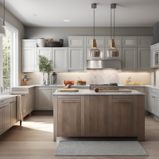 A serene, well-lit kitchen with sleek, minimalist cabinetry, a central island with a built-in cooktop, and strategically placed utensil holders, showcasing a harmonious blend of form and function.
