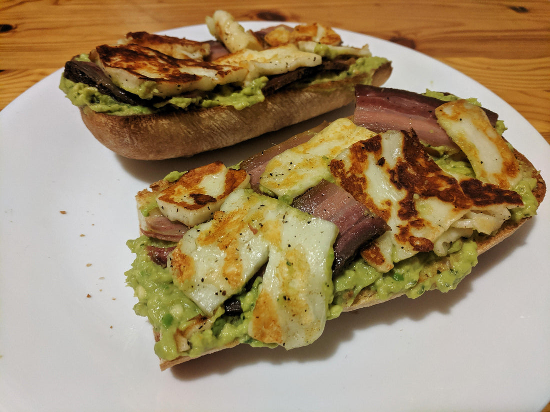 Fried Halloumi cheese and Pancetta on guacamole covered ciabatta