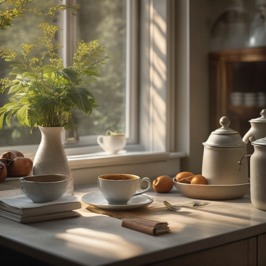 A serene kitchen scene: soft morning light pours through a window, illuminating a tidy countertop with a few carefully arranged cookbooks, a small potted herb, and a single, steaming cup of coffee.