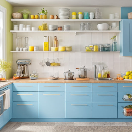 A bright, modern kitchen with a clutter-free countertop, featuring a stainless steel utensil organizer, a tiered spice rack, a slide-out trash can, and a wall-mounted knife block, all in a calming color scheme.