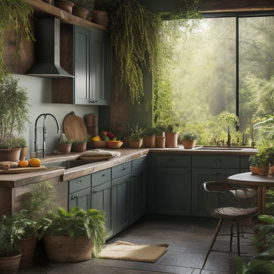 A serene, well-lit kitchen with reclaimed wood cabinets, a living green wall, and energy-efficient appliances, featuring a large window overlooking a lush, thriving garden with native plants and a compost bin.