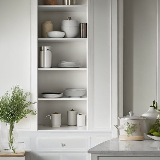 A serene, white kitchen cabinet with sleek, handle-less doors, featuring a sparse arrangement of a few, carefully curated cookbooks, a single, elegant vase, and a minimalist utensil holder.