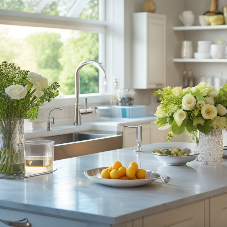 A clean and organized kitchen with a sparkling stainless steel sink, spotless white countertops, and a few strategically placed decorative vases, surrounded by a blurred-out party prep area.