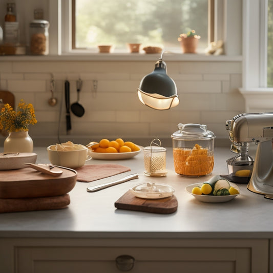 A clutter-free kitchen counter with a few strategically placed utensils, a compact stand mixer, and a small whiteboard with a faint grid of scribbled notes, surrounded by a warm, golden lighting.