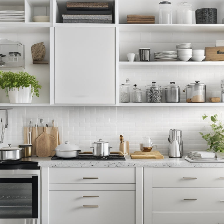 A modern kitchen with sleek, white cabinets, featuring a pull-out pot and pan organizer with dividers, and a utensil holder on the side, surrounded by a few strategically placed cookbooks.