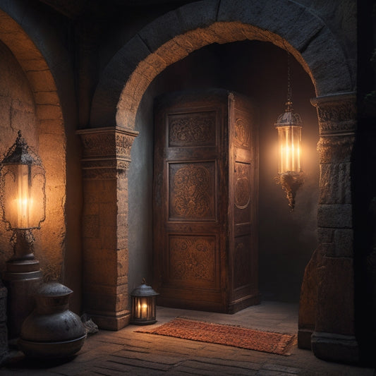 A dimly lit, ornate archway with worn stone walls, surrounded by dusty, leather-bound tomes and flickering lanterns, with a subtle, shimmering glow emanating from the depths beyond the doorway.