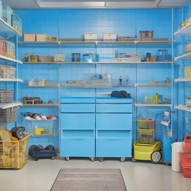 A colorful, clutter-free, and well-organized garage or storage space with various Shop Caddy Daddy products, such as shelving units, bins, and hooks, neatly arranged and in use.