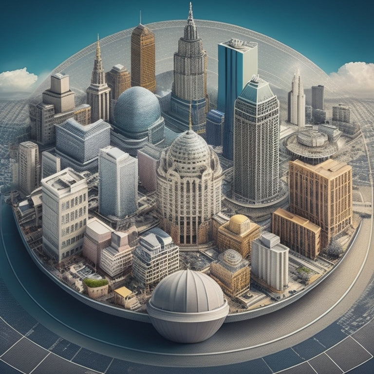 A stylized illustration of a cityscape with various buildings, each with a unique icon or symbol above it, surrounded by subtle grid lines and a faint blueprint undertone, conveying organization and categorization.