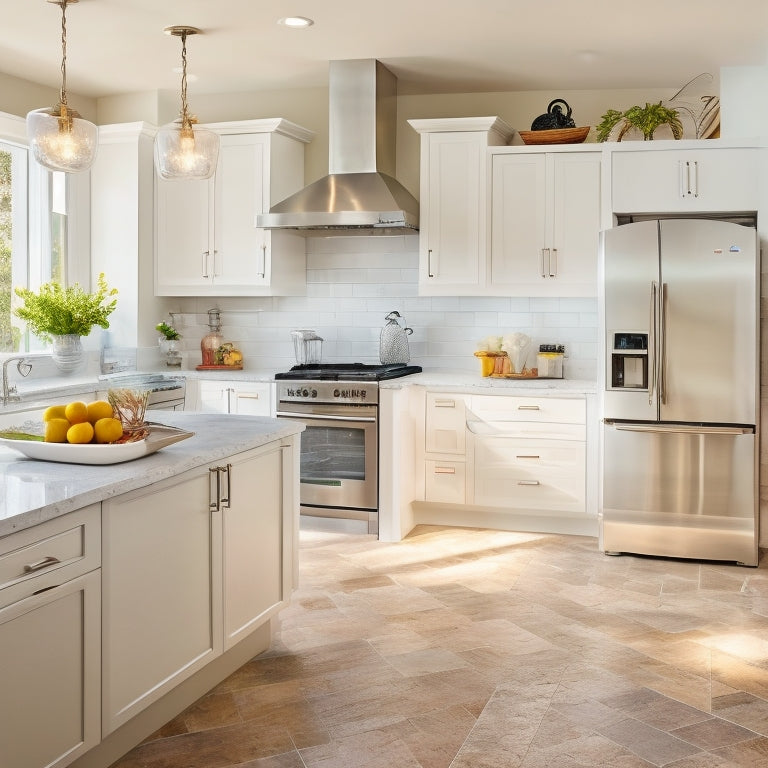 A bright, modern kitchen with sleek white cabinets, stainless steel appliances, and a large island, showcasing a harmonious "work triangle" layout, with a cook, a prep, and a cleanup zone.