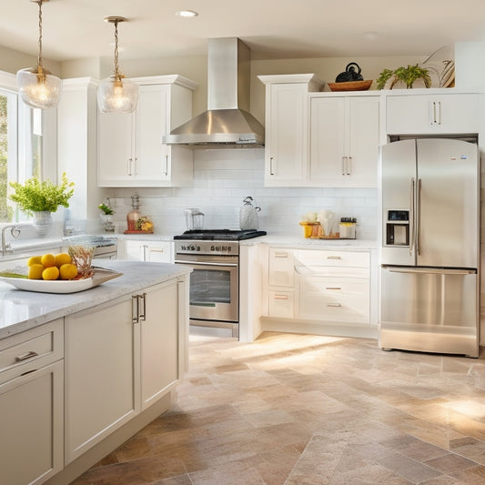 A bright, modern kitchen with sleek white cabinets, stainless steel appliances, and a large island, showcasing a harmonious "work triangle" layout, with a cook, a prep, and a cleanup zone.