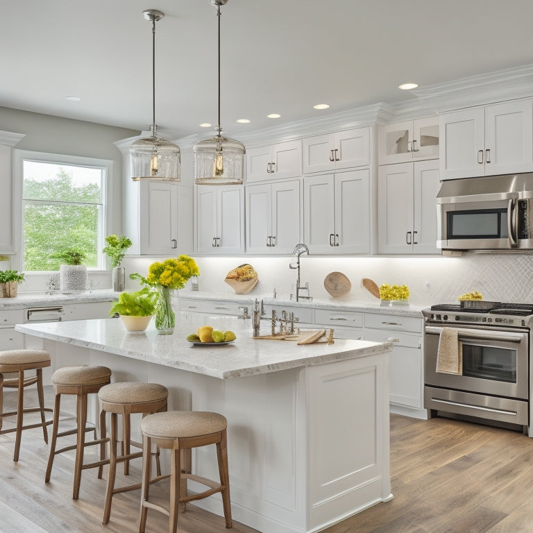 A bright, modern kitchen with creamy white cabinets, warm wood countertops, and stainless steel appliances, featuring a large island with a built-in cooktop and pendant lights above.