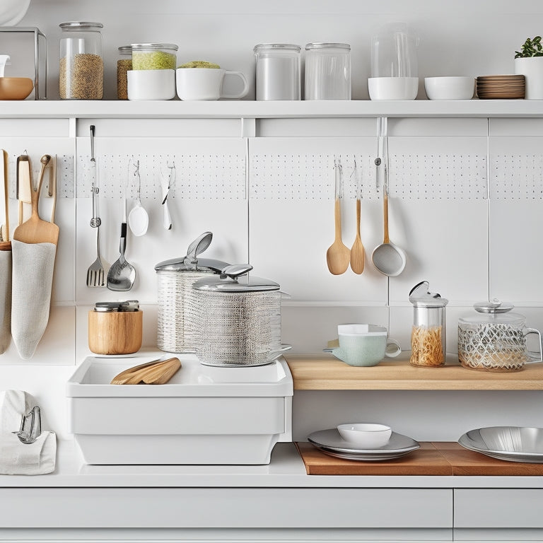 A tidy, modern kitchen with a white countertop, featuring a wall-mounted utensil organizer with hanging spoons, a compact drawer divider with stacked silicone spatulas, and a corner carousel with a tea infuser.