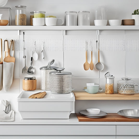 A tidy, modern kitchen with a white countertop, featuring a wall-mounted utensil organizer with hanging spoons, a compact drawer divider with stacked silicone spatulas, and a corner carousel with a tea infuser.