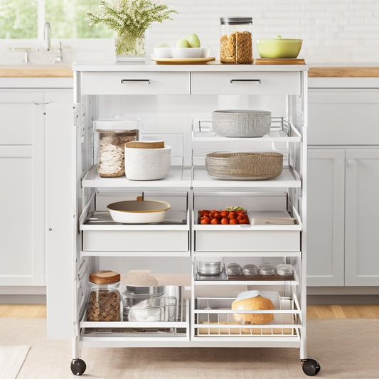 A clutter-free kitchen cart with pull-out drawers, tiered shelves, and a built-in spice rack, surrounded by sleek kitchen utensils and cookbooks, set against a clean white background.