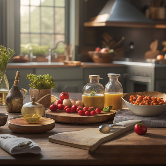 A warm, inviting kitchen scene with a chef's hat, utensils, and a wooden cutting board surrounded by vibrant, fresh ingredients and a few open cookbooks, illuminated by soft, golden light.