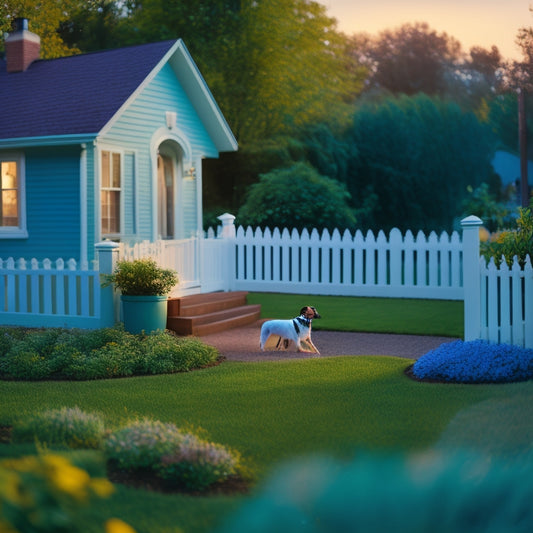 A serene suburban backyard with a white picket fence, a few scattered toys, and a "repellent zone" marked by a subtle, glowing blue perimeter, keeping a curious dog at bay.