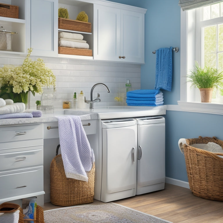 A tidy, well-lit laundry room with a custom caddy, adorned with neatly organized cleaning supplies, standing against a crisp white background, with a few fresh flowers on the counter.