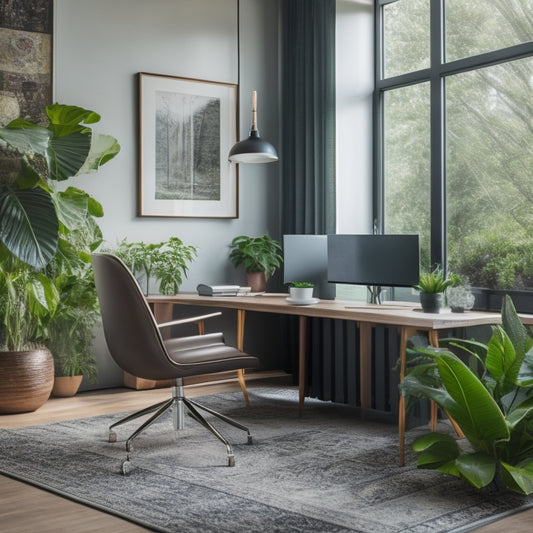 A modern, sleek home office with a wooden desk, ergonomic chair, and a large, curved monitor, surrounded by lush green plants and a minimalist, geometric-patterned rug.