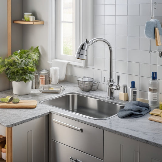 A clutter-free kitchen sink area with a stainless steel sink, a wall-mounted soap dispenser, a pull-out trash can, and a tiered utensil organizer with a few gleaming kitchen tools.