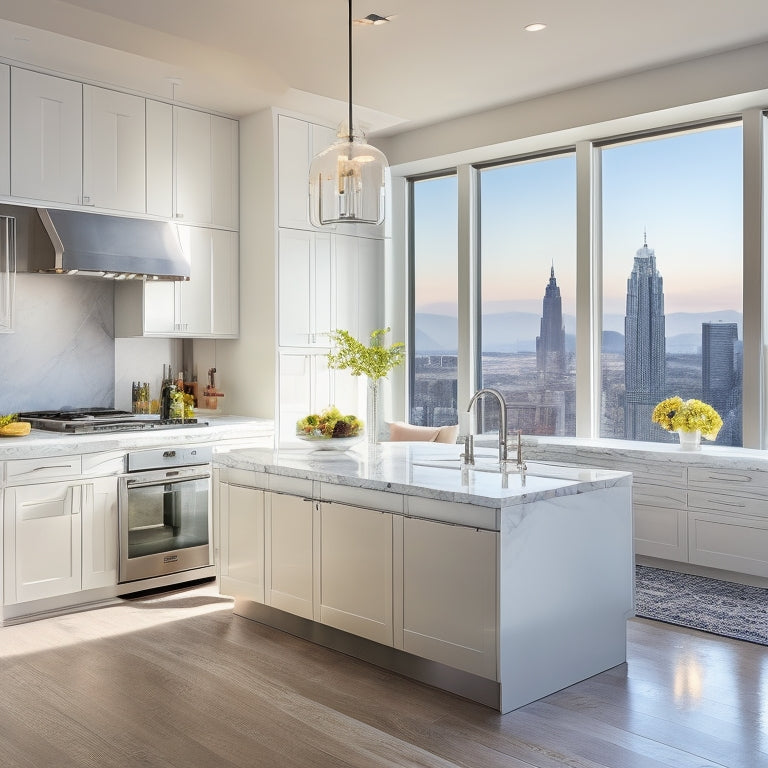 A bright, airy kitchen with high-gloss white cabinetry, Carrara marble countertops, and a large center island with a built-in cooktop, surrounded by pendant lights and a stunning cityscape view.