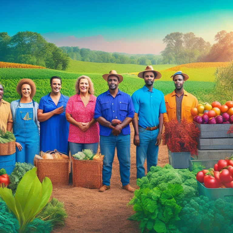 A vibrant illustration of a diverse group of farmers, standing in a lush, green farm, surrounded by crates of fresh produce, with a subtle background of a farm-to-table restaurant, emphasizing community connection.