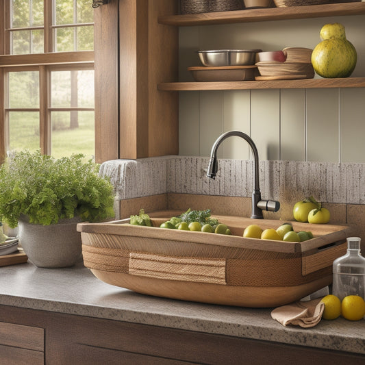 A serene farmhouse sink with a rustic wooden cutting board slid into a custom groove, utensil holders carved into the surrounding cabinetry, and a tiered basket filled with fresh produce suspended from the faucet.