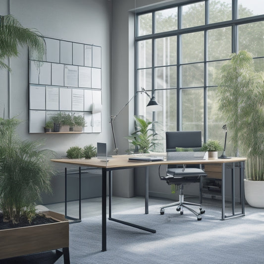 A sleek, modern workspace with a silver pivot rack in the center, holding rolled-up blueprint plans of varying sizes, surrounded by minimalist desks, ergonomic chairs, and a few potted plants.