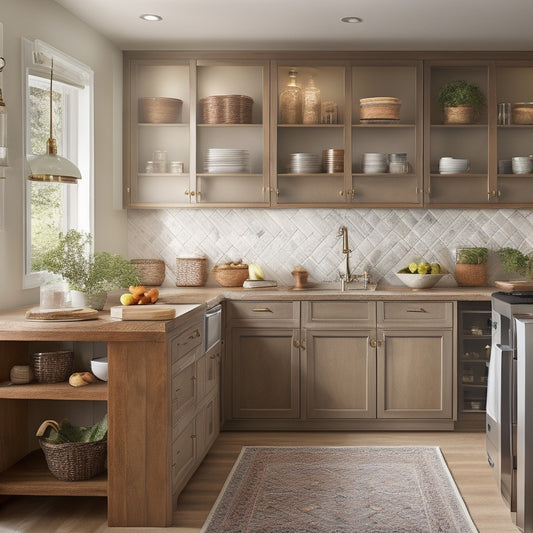 A beautifully styled kitchen with a mix of open shelving and custom cabinetry in warm wood tones, showcasing clever storage solutions like pull-out spice racks and slide-out trash cans.