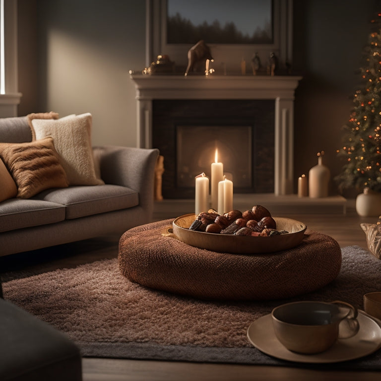 A dimly lit, cozy living room with a warm glow, featuring a plush area rug, a stylish coffee table, and a few strategically placed Amazon boxes with torn wrapping paper, revealing a few home essentials.