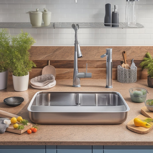 A tidy, modern kitchen sink area with Hafele's sink organizers in the foreground, featuring a stainless steel basin, a wooden cutting board, and a few neatly arranged kitchen utensils.