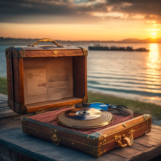 A vintage-inspired treasure chest overflowing with vinyl records, surrounded by old music sheets, headphones, and a faint cityscape of St. Augustine in the background, bathed in warm golden light.