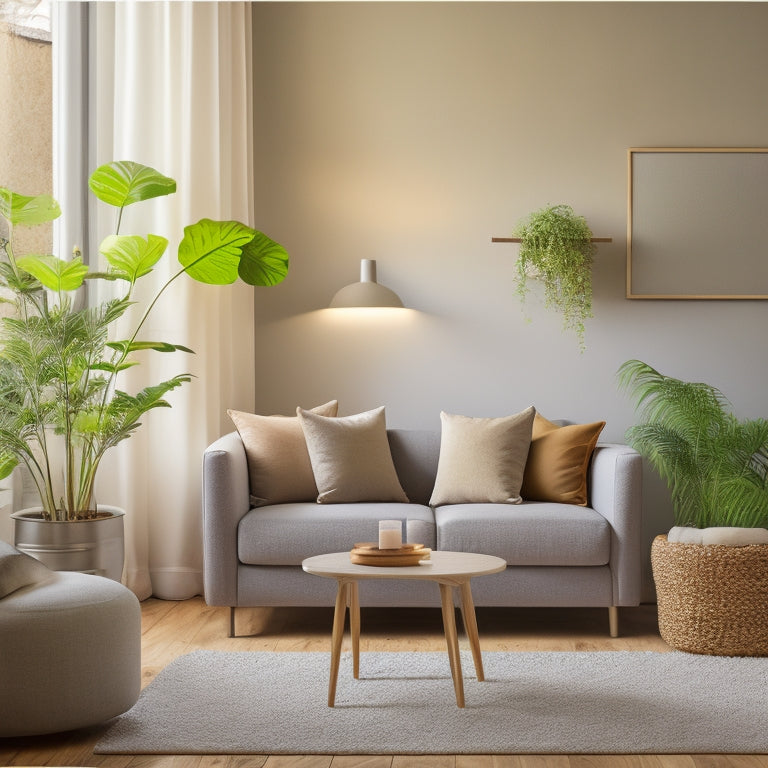 A serene, minimalist living room with a few, carefully-placed potted plants, a single, softly-glowing candle, and a calm, neutral-colored sofa, surrounded by empty, clutter-free space.