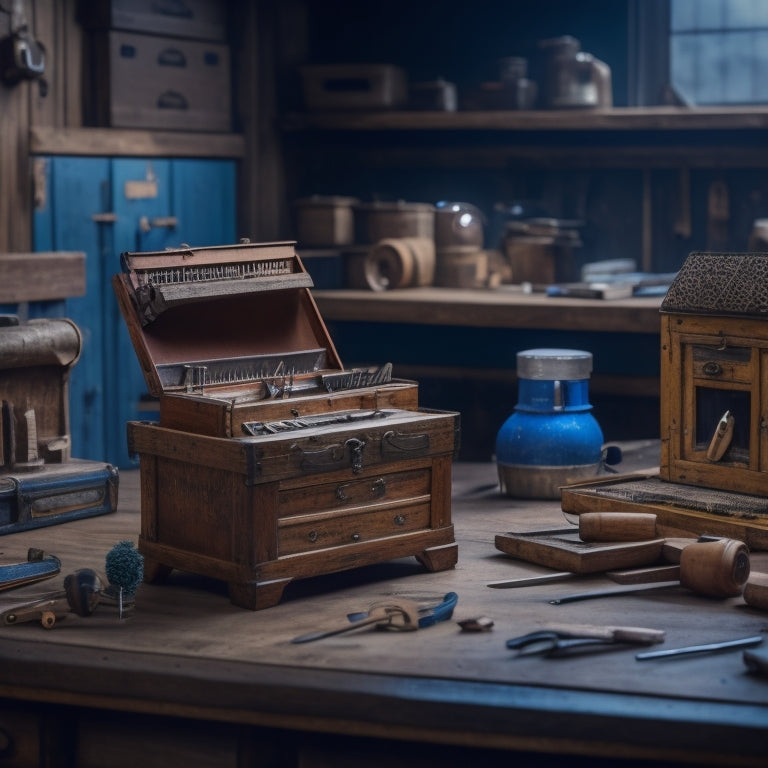 A wooden toolbox with a hinged lid, adorned with intricate carvings, sits atop a workbench, surrounded by scattered tools, blueprints, and a miniature wooden model of a workshop in the background.