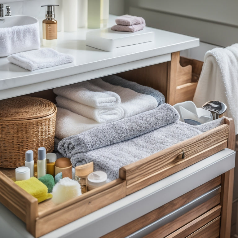 A cluttered bathroom drawer with tangled towels, scattered beauty products, and rusty old hardware, next to a transformed drawer with sleek organizers, polished knobs, and a soft, white interior.