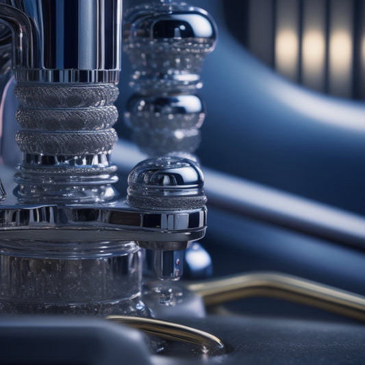 A dramatic, close-up shot of a shiny, chrome-plated pre-rinse assembly, with water jets and nozzles gleaming, set against a dark, gradient background, with subtle lighting accents.
