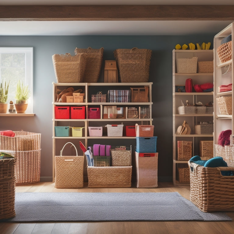 A clutter-free room with a variety of storage solutions: stackable crates, woven baskets, wooden shelves, and colorful bins, all neatly organized and illuminated by soft, warm lighting.