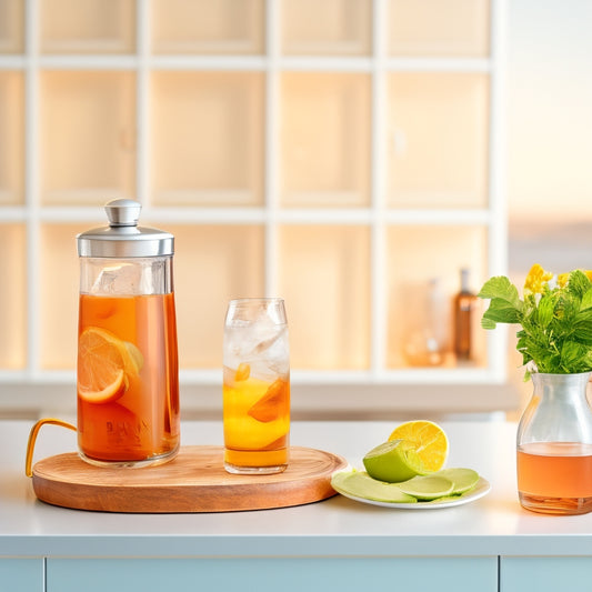 A refreshing scene: a Bunn Iced Tea Dispenser sits on a clean, white countertop, surrounded by ice cubes, tea leaves, and a few glasses, against a soft, creamy background.