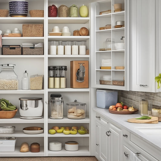 A clutter-free corner cabinet with a lazy Susan, tiered shelves, and baskets filled with organized kitchen utensils, ingredients, and cookbooks, surrounded by a clean, white countertop and modern appliances.