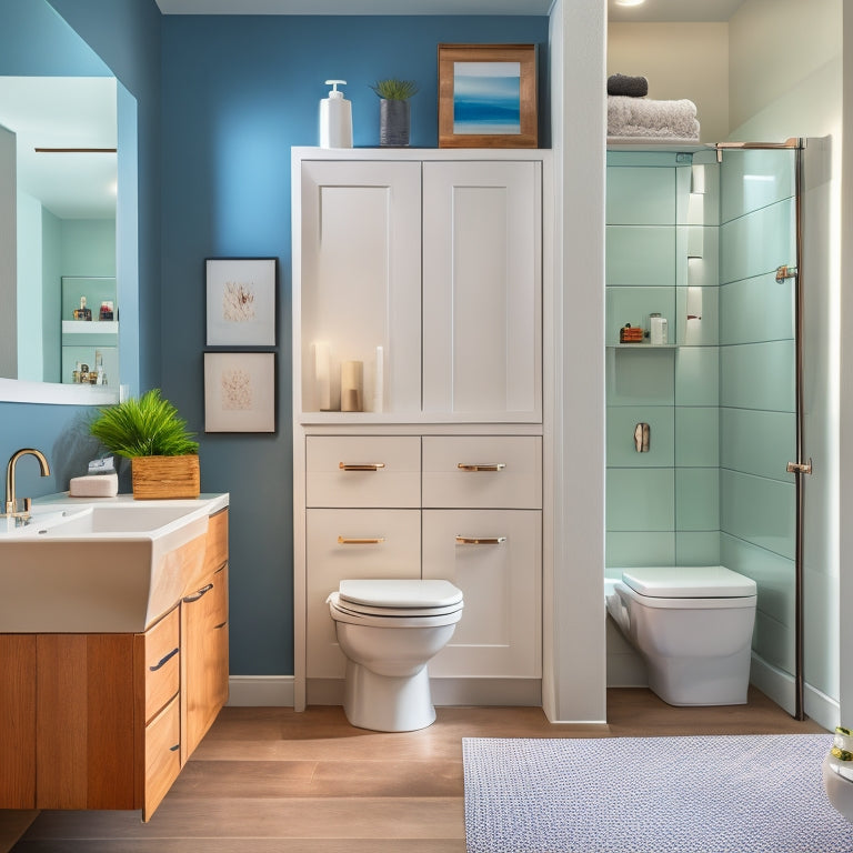 A serene, modern bathroom with a wall-mounted cabinet, a pedestal sink, and a floor-to-ceiling storage unit, showcasing a clutter-free, organized space with ample storage.